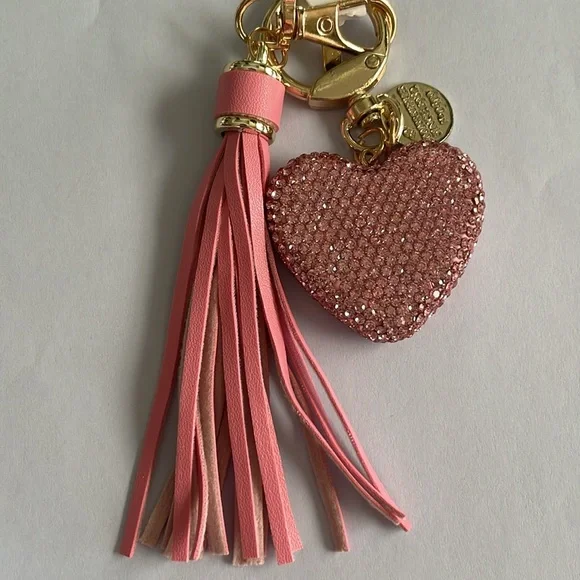Pink Crystal Rhinestone Heart Tassel Keychain And Purse Charm—New - Picture 2 of 2